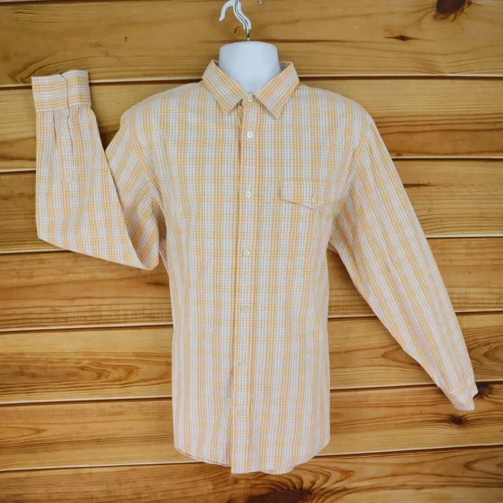 Banana Republic Dress Shirt Mens XL Orange Light Wash Plaid 100% Cotton Pocket